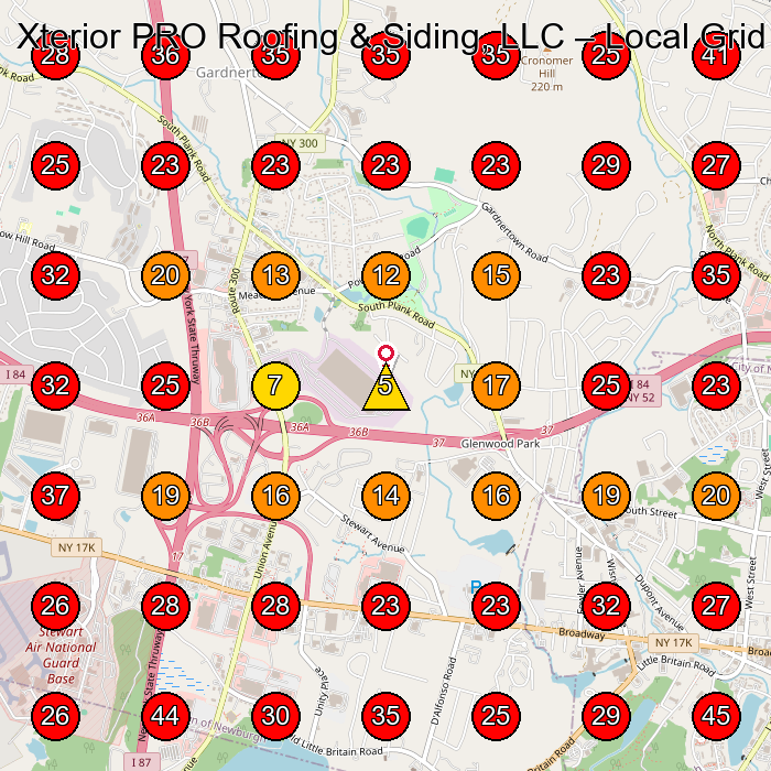 Xterior PRO Roofing & Siding, LLC GeoGrid visibility map for General Contractor in Newburgh